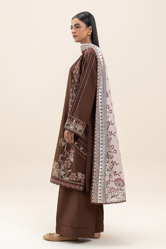 3 PIECE EMBROIDERED SLUB KHADDAR SUIT-UMBER MUD