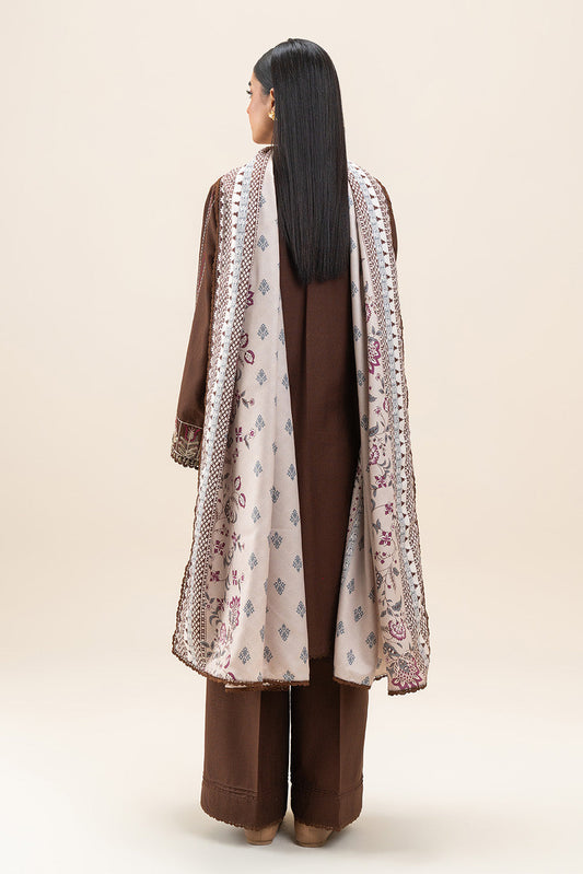 3 PIECE EMBROIDERED SLUB KHADDAR SUIT-UMBER MUD