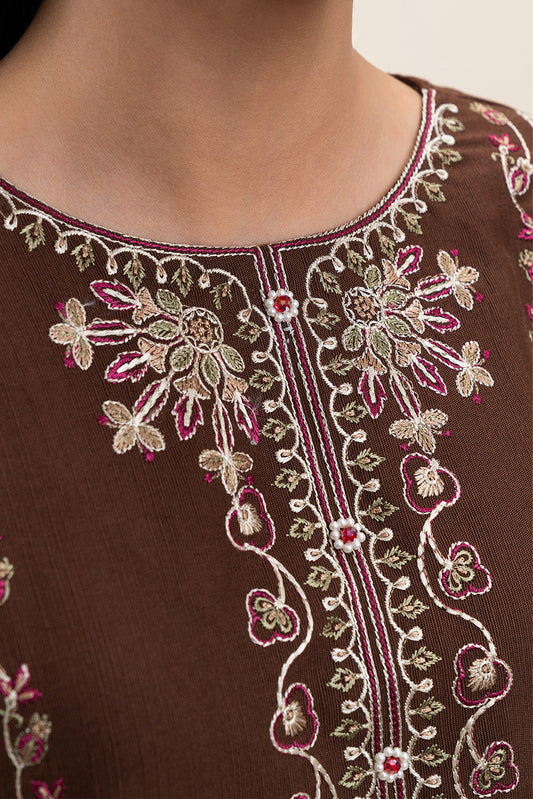 3 PIECE EMBROIDERED SLUB KHADDAR SUIT-UMBER MUD