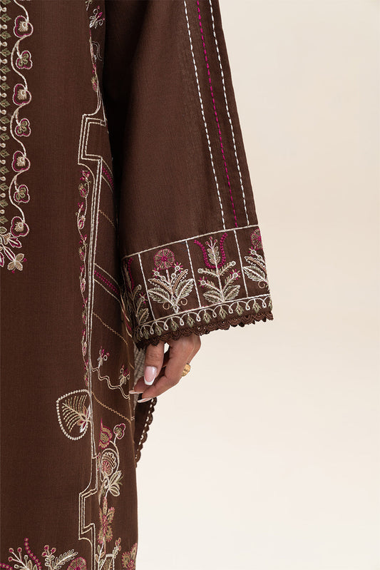 3 PIECE EMBROIDERED SLUB KHADDAR SUIT-UMBER MUD