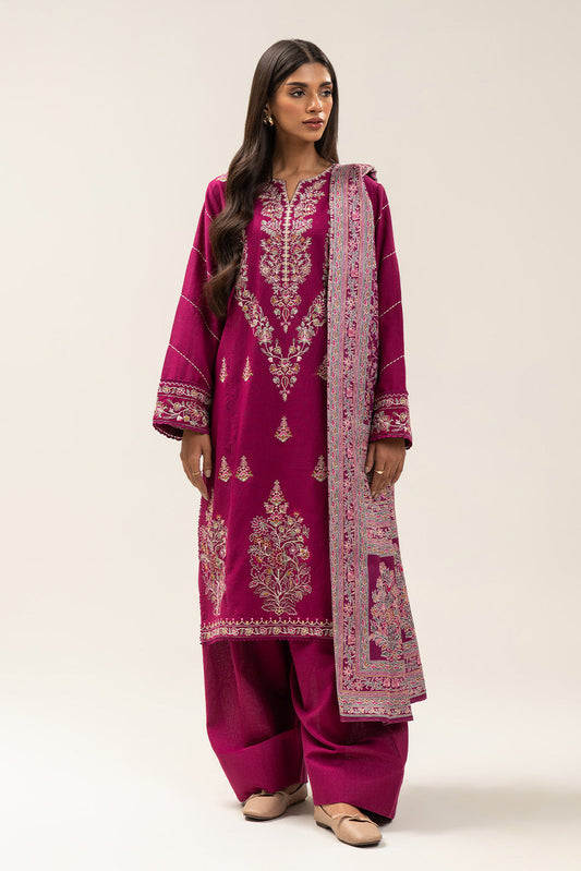 3 PIECE EMBROIDERED SLUB KHADDAR SUIT-VIVID CHERRY (UNSTITCHED)