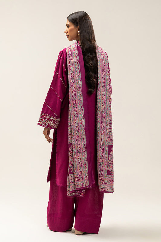 3 PIECE EMBROIDERED SLUB KHADDAR SUIT-VIVID CHERRY (UNSTITCHED)