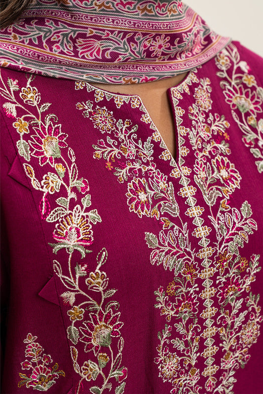 3 PIECE EMBROIDERED SLUB KHADDAR SUIT-VIVID CHERRY (UNSTITCHED)