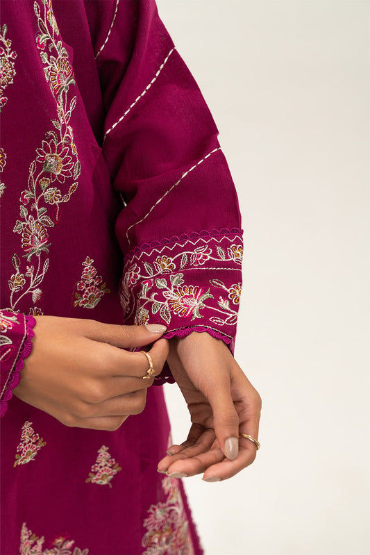 3 PIECE EMBROIDERED SLUB KHADDAR SUIT-VIVID CHERRY (UNSTITCHED)