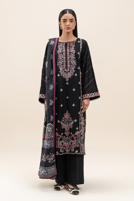 3 PIECE EMBROIDERED SLUB KHADDAR SUIT-OBSIDIAN GEM