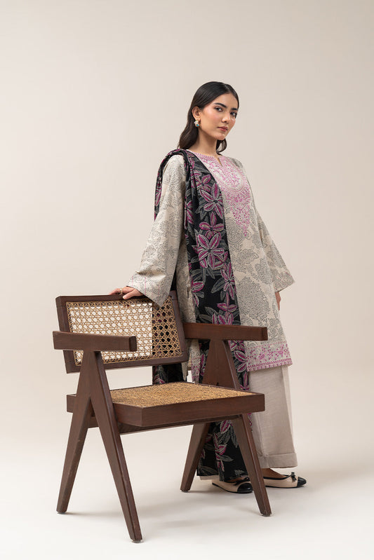 3 PIECE EMBROIDERED SLUB KHADDAR SUIT-LINEAR WEFT (UNSTITCHED)
