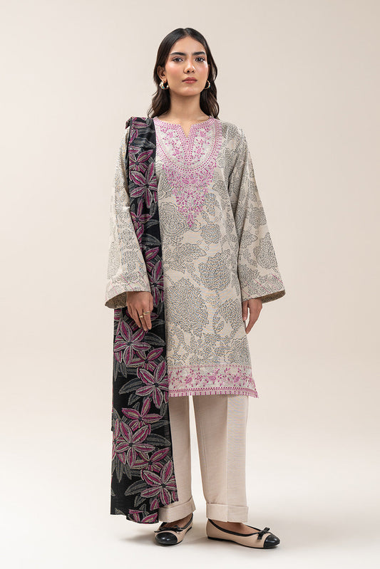 3 PIECE EMBROIDERED SLUB KHADDAR SUIT-LINEAR WEFT (UNSTITCHED)