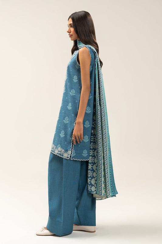 3 PIECE EMBROIDERED SLUB KHADDAR SUIT-COOL ROYALE (UNSTITCHED)