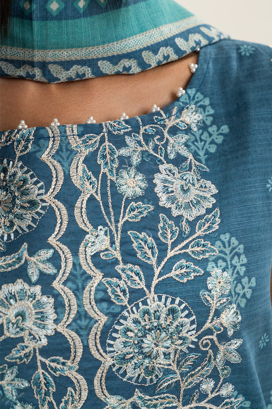 3 PIECE EMBROIDERED SLUB KHADDAR SUIT-COOL ROYALE (UNSTITCHED)