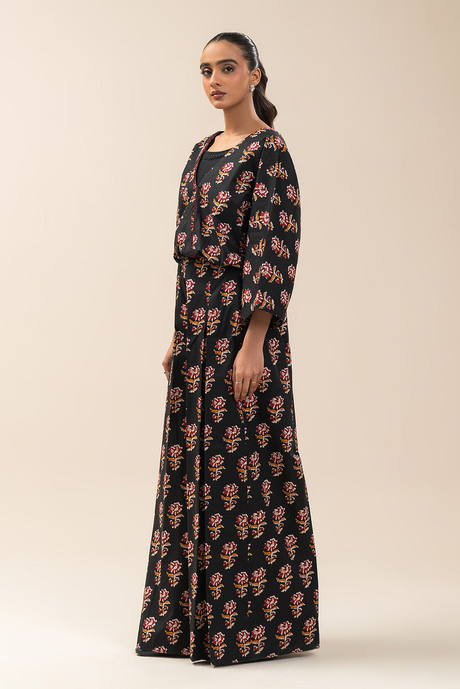 2 PIECE PRINTED CAMBRIC SUIT-PITCH BLACK (UNSTITCHED)