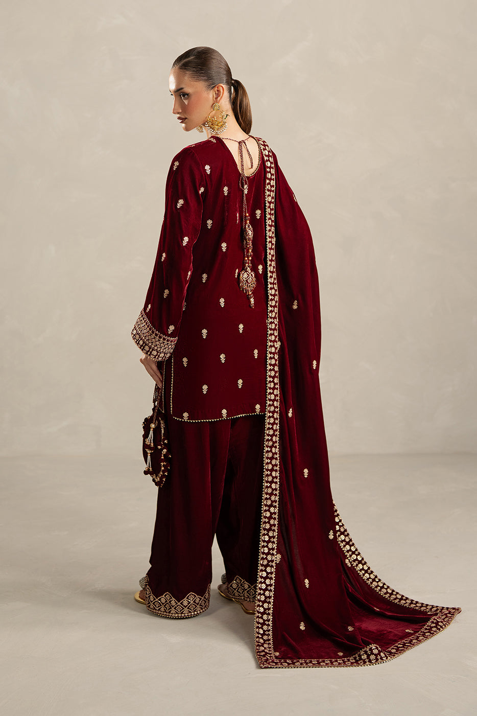 3 PIECE EMBROIDERED VELVET SUIT-GARNET BLISS (UNSTITCHED)