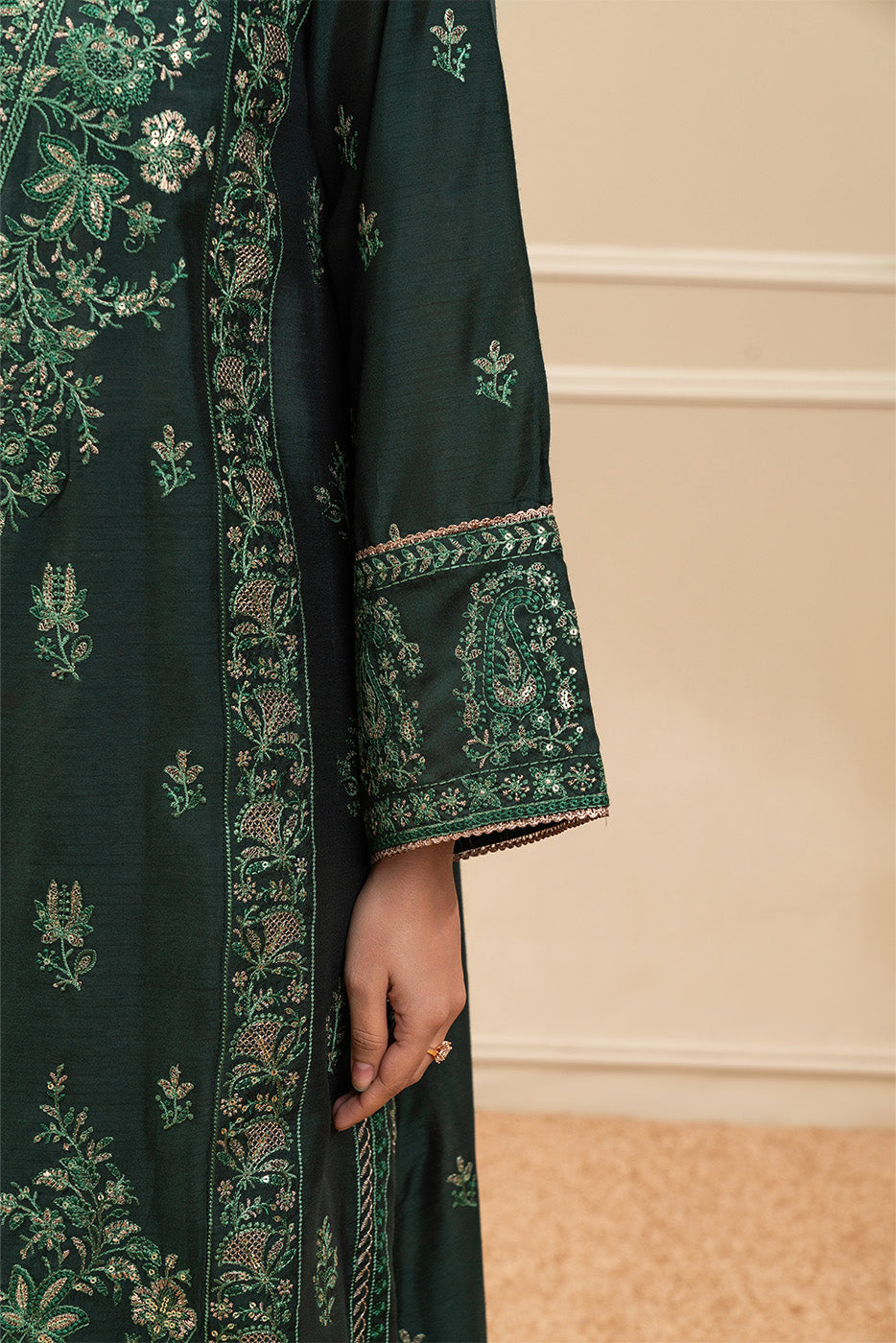 3 PIECE EMBROIDERED COTTON RAW SILK SUIT-TWILIGHT EMERALD (UNSTITCHED)