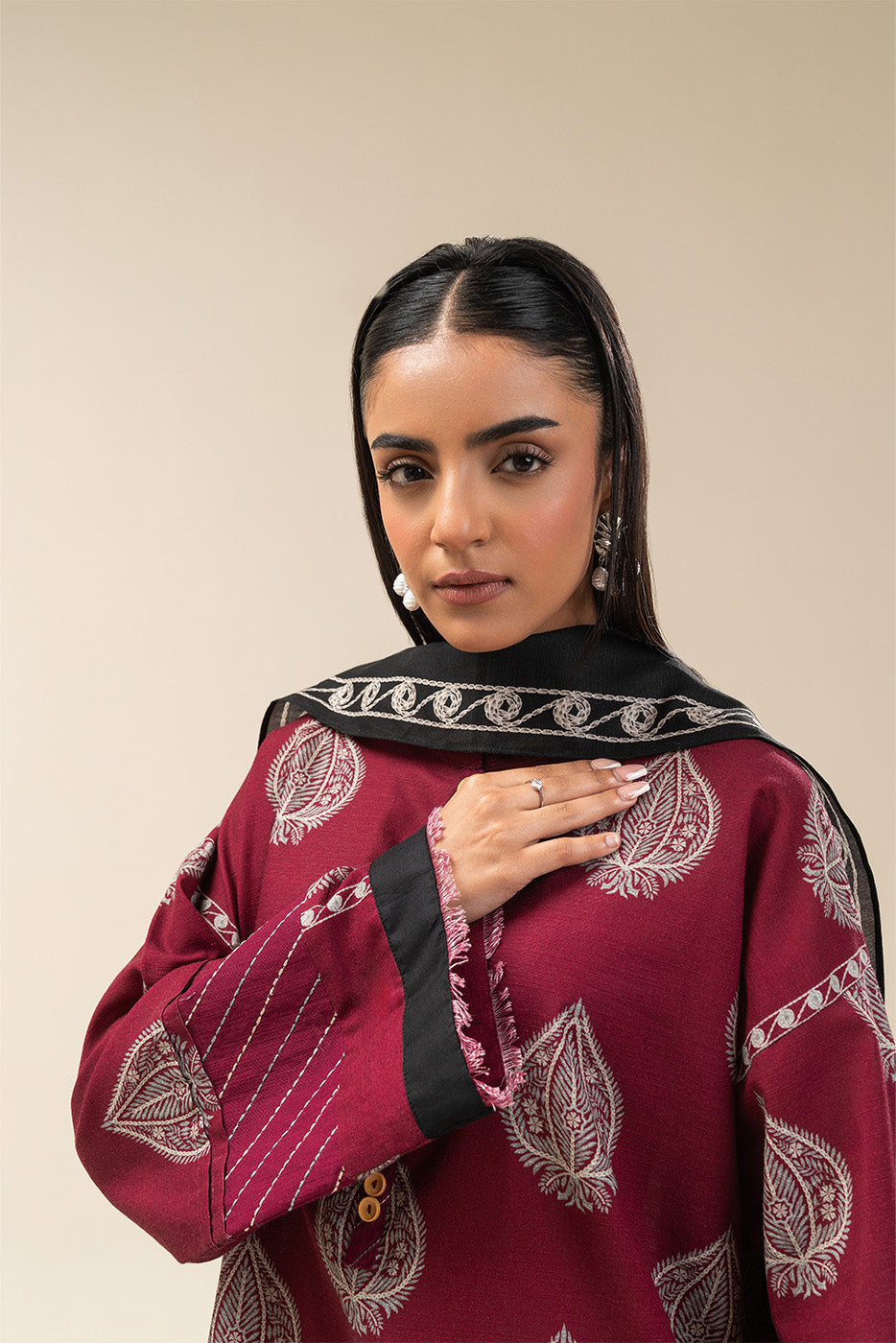 2 PIECE PRINTED SLUB KHADDAR SUIT-GARNET GLINT (UNSTITCHED)