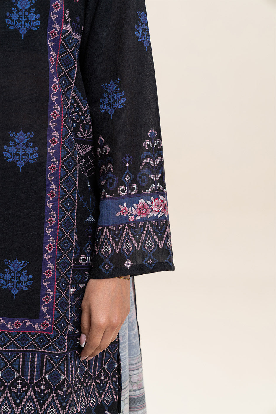 3 PIECE PRINTED SLUB KHADDAR SUIT-INDIGO BLUE