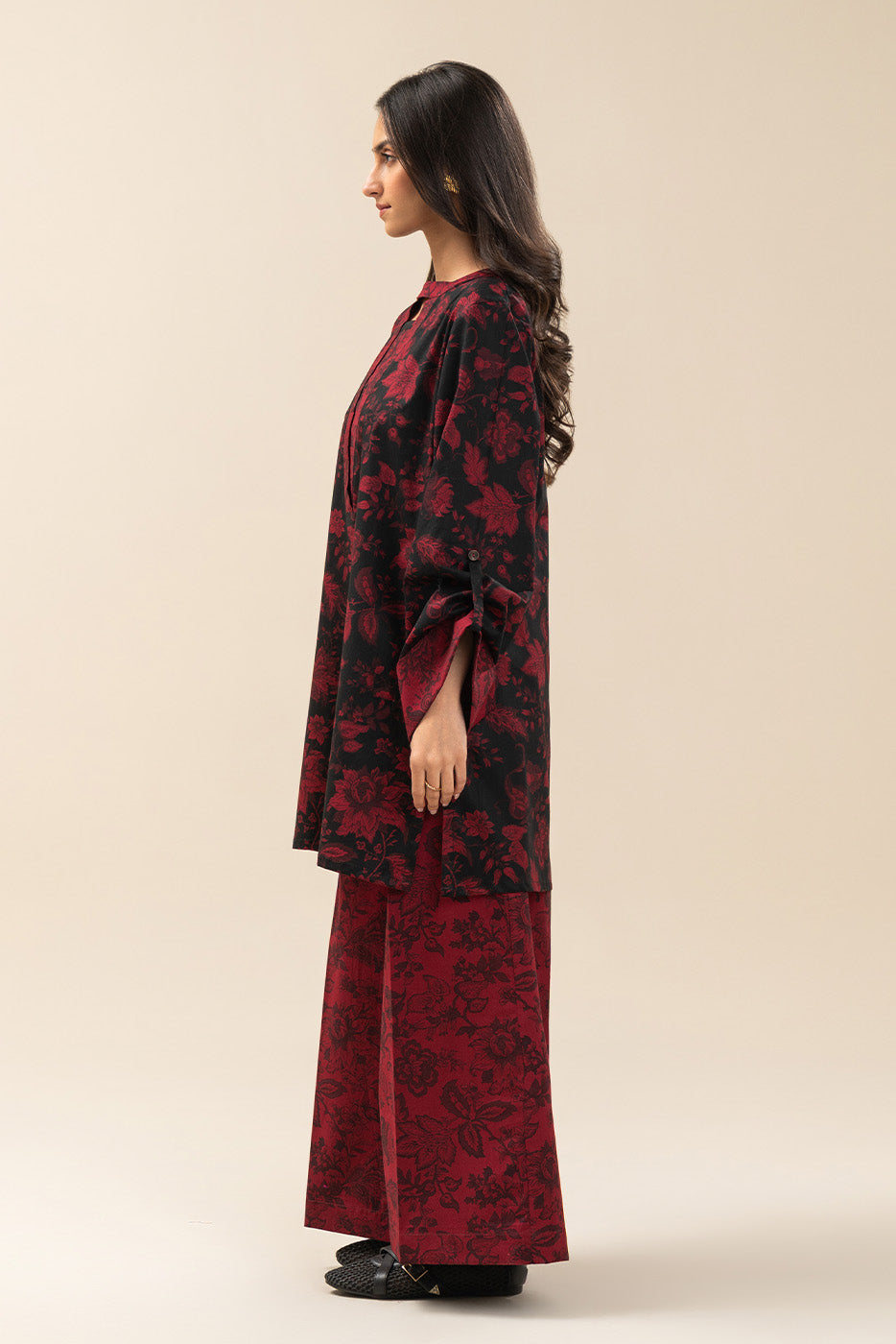 2 PIECE PRINTED CAMBRIC SUIT-MAHOGANY RED (UNSTITCHED)