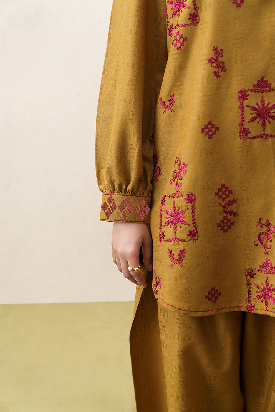 2 PIECE EMBROIDERED SELF JACQUARD KHADDAR SUIT-MUSTARD FLARE (UNSTITCHED)