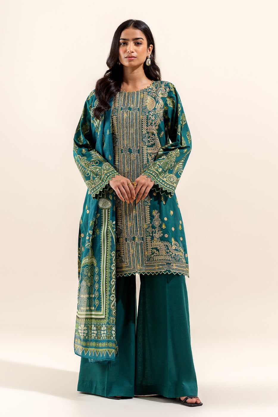 3 PIECE EMBROIDERED LAWN SUIT-EMERALD ASH (UNSTITCHED)