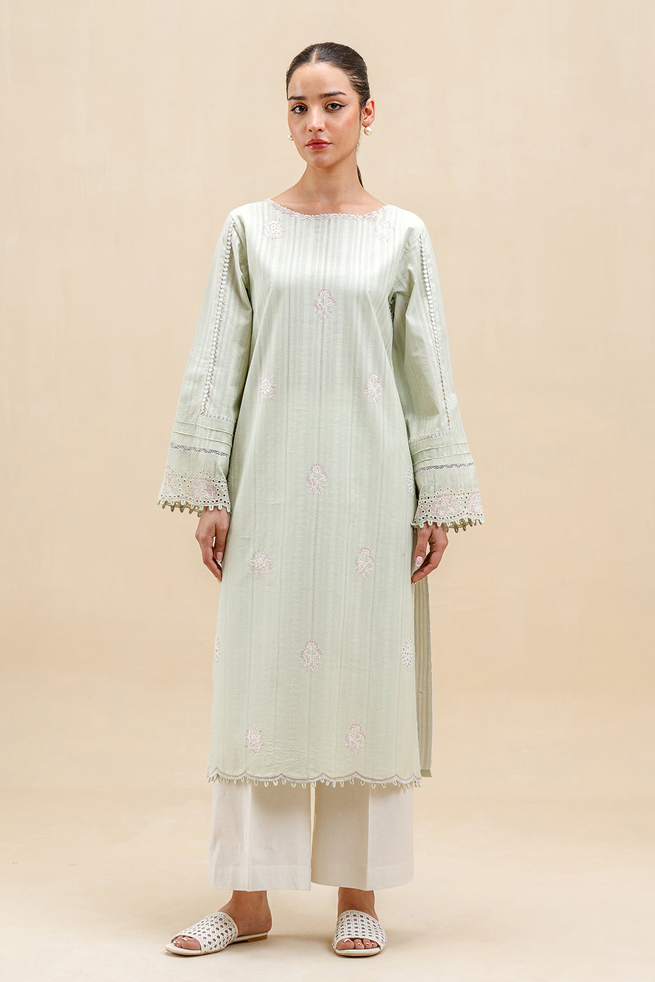 1 PIECE EMBROIDERED LENO SUIT-SEA FOAM (UNSTITCHED)