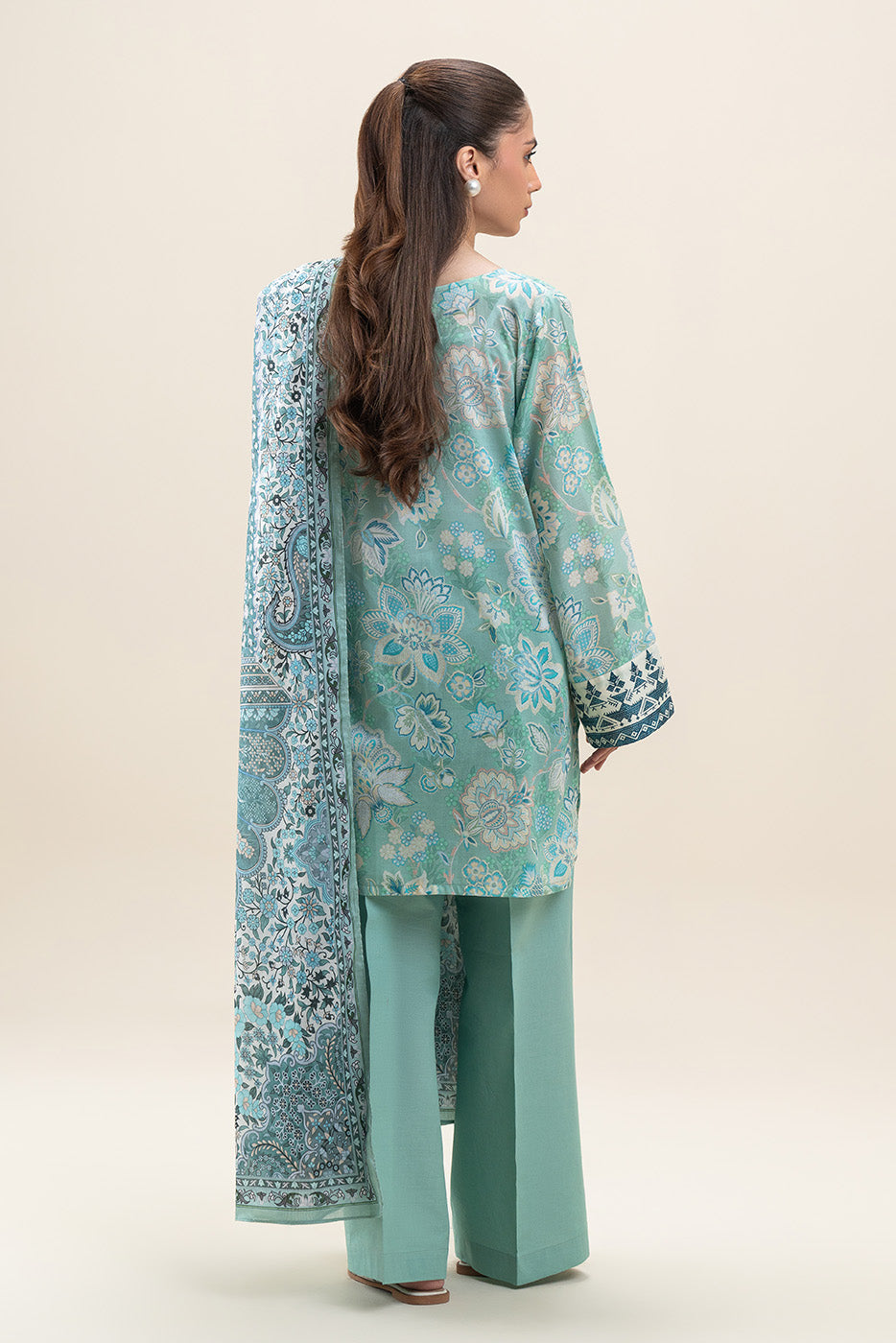 3 PIECE PRINTED LAWN SUIT-TURQUOISE NOISE (UNSTITCHED)