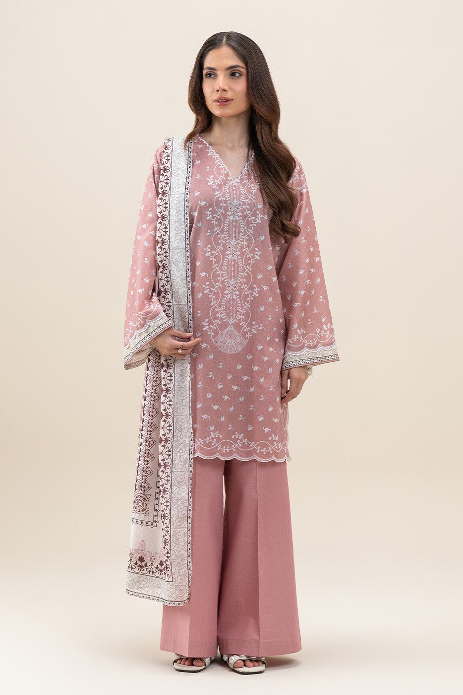 3 PIECE PRINTED LAWN SUIT-PEACH GLOW (UNSTITCHED)