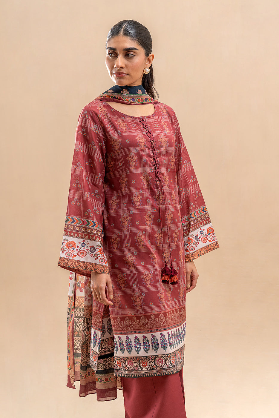 3 PIECE PRINTED LAWN SUIT- GARNET GRID (UNSTITCHED)