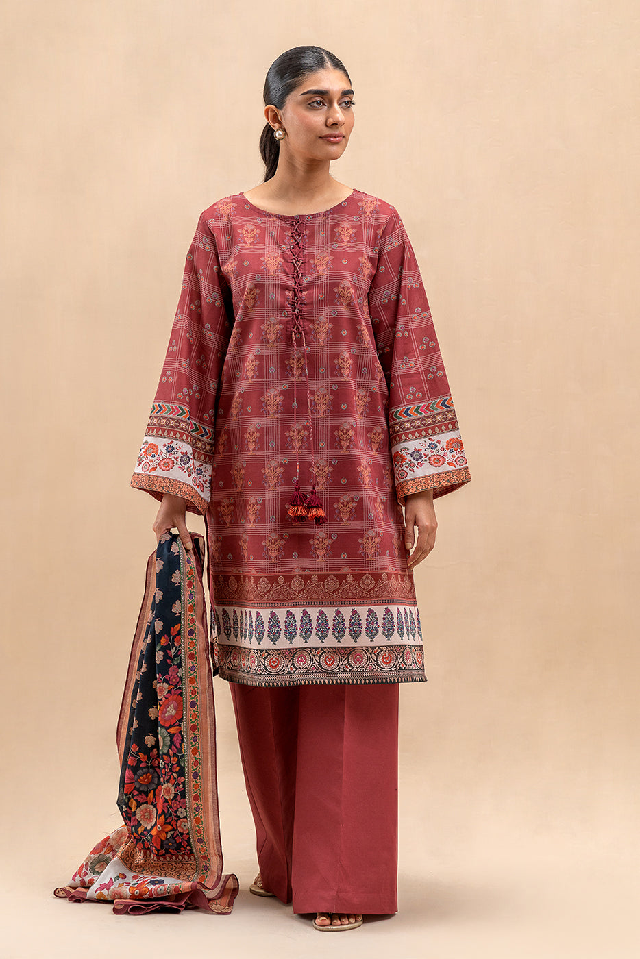 3 PIECE PRINTED LAWN SUIT- GARNET GRID (UNSTITCHED)