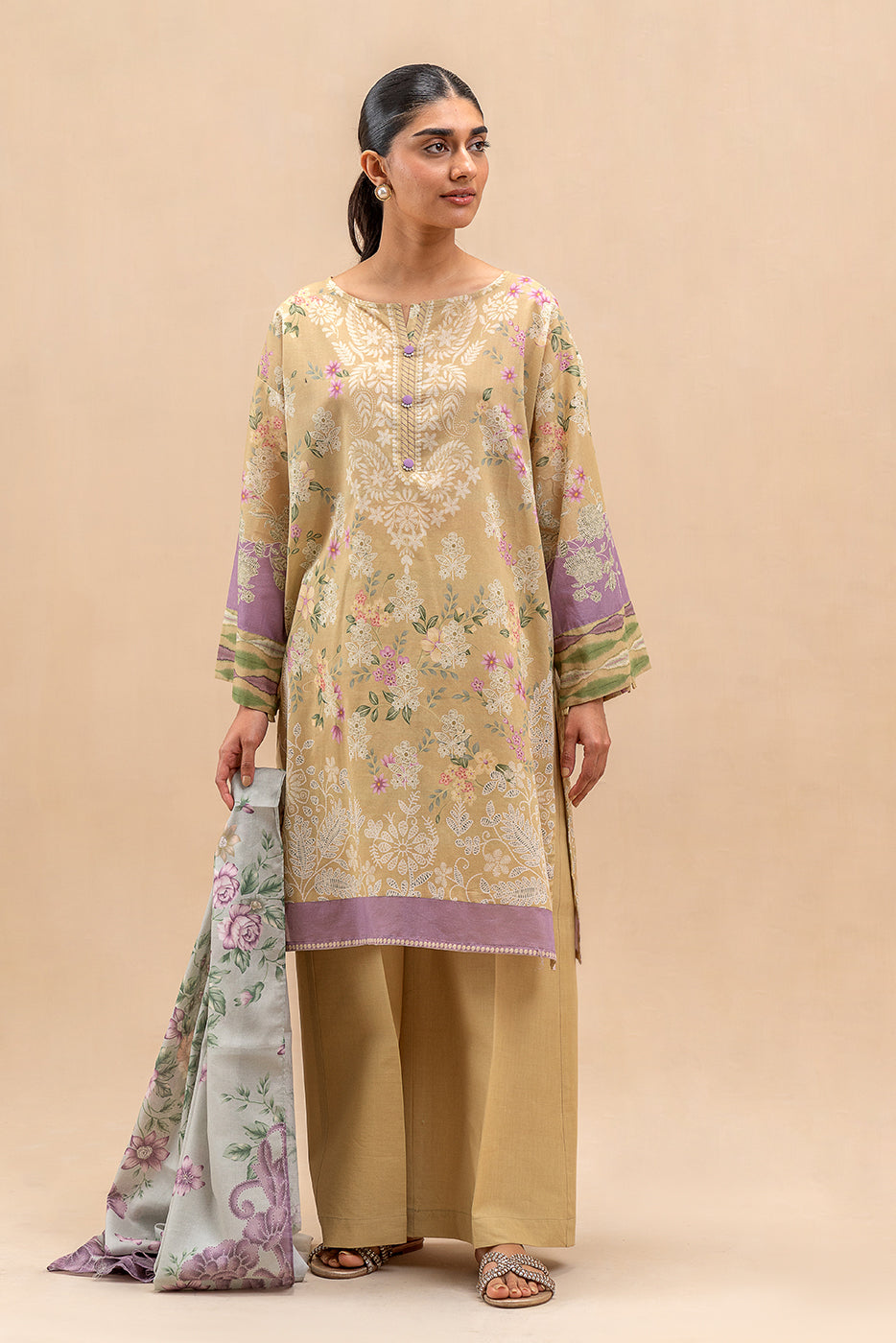 3 PIECE PRINTED LAWN SUIT-LIME GARDEN (UNSTITCHED)