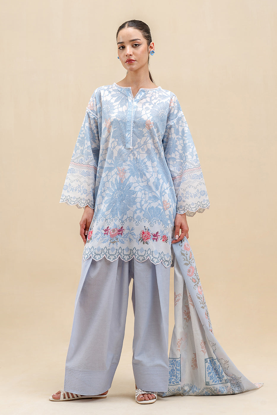 3 PIECE PRINTED LAWN SUIT-CERULEAN FLUORESCENCE (UNSTITCHED)