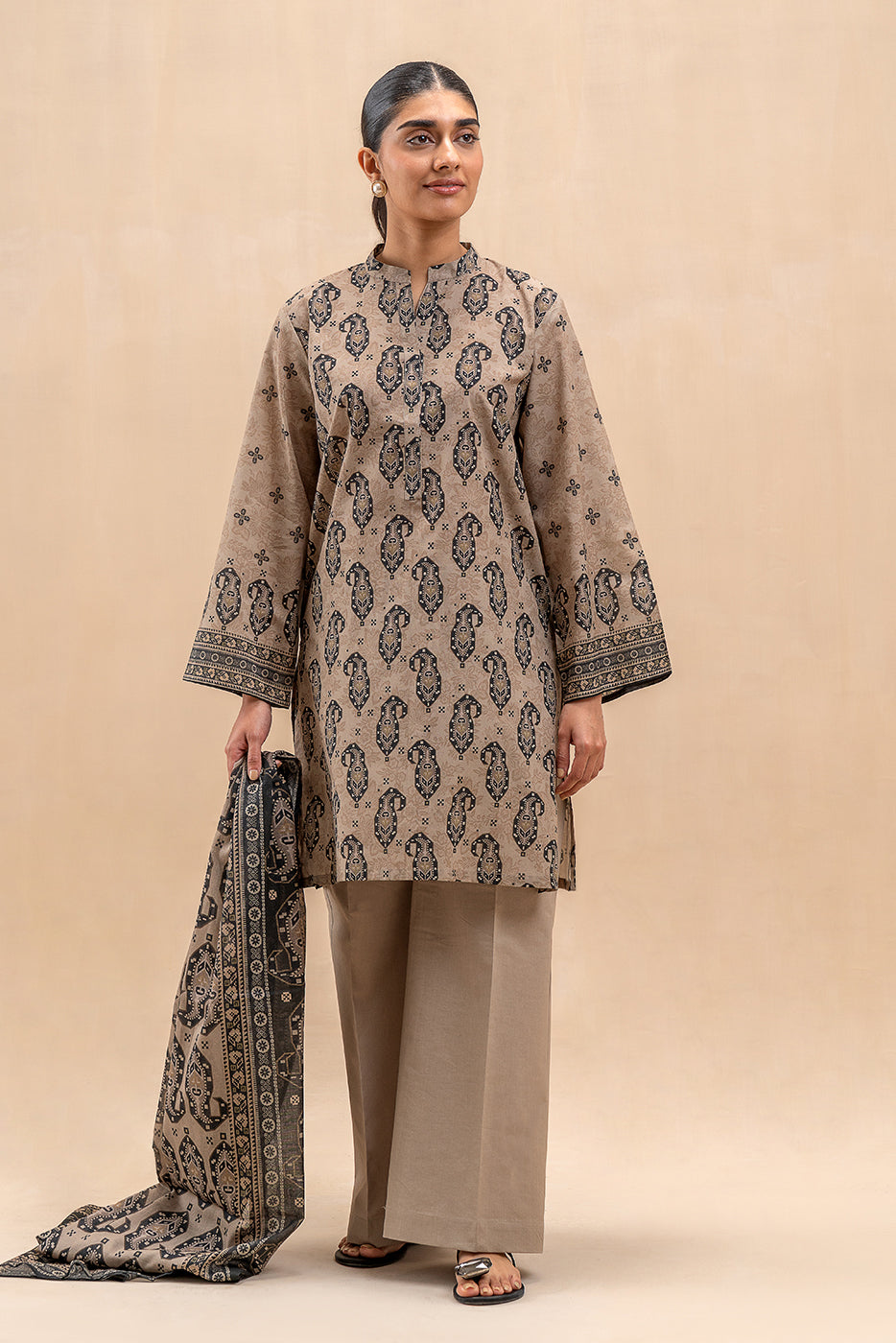 3 PIECE PRINTED LAWN SUIT-BEIGE VERVE (UNSTITCHED)