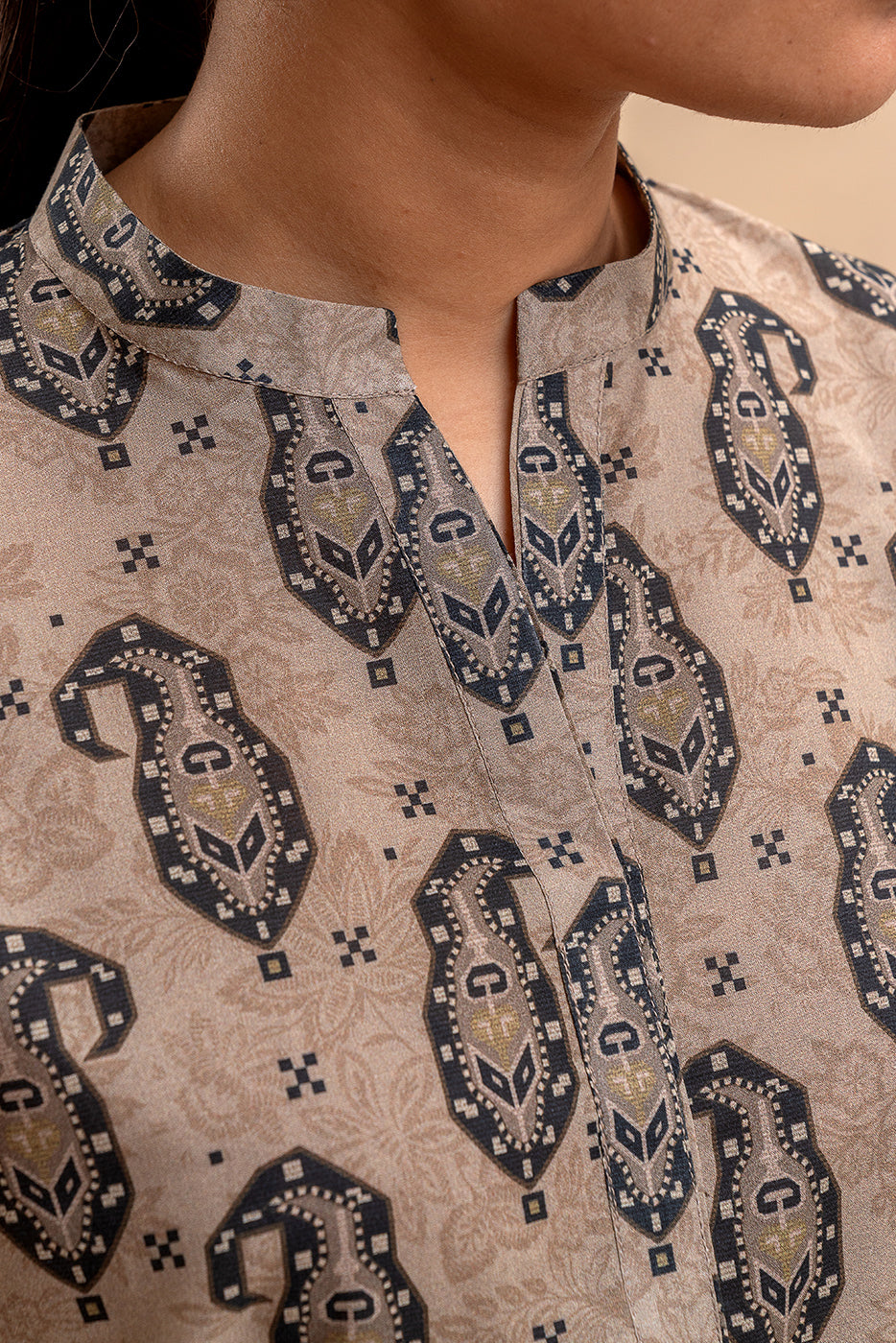 3 PIECE PRINTED LAWN SUIT-BEIGE VERVE (UNSTITCHED)
