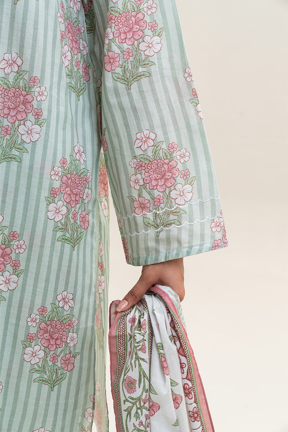 3 PIECE PRINTED LAWN SUIT-MINT BLOOM (UNSTITCHED)