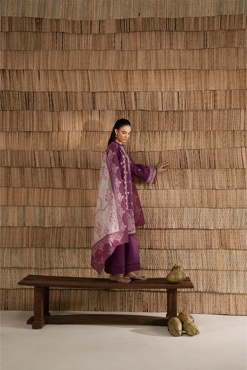 3 PIECE EMBROIDERED LAWN SUIT-PLUM PUFF (UNSTITCHED)