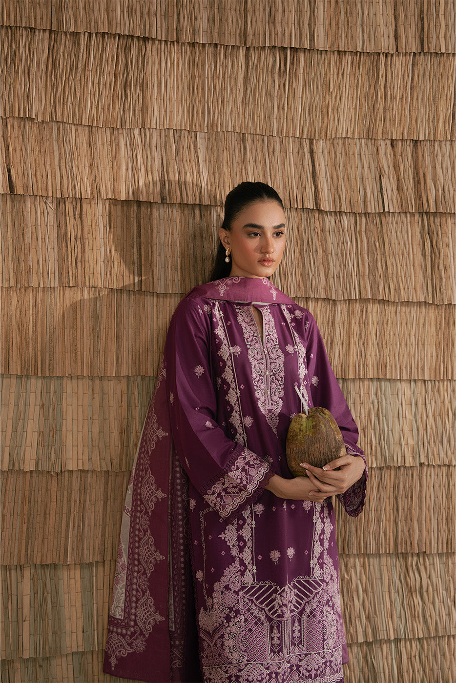 3 PIECE EMBROIDERED LAWN SUIT-PLUM PUFF (UNSTITCHED)