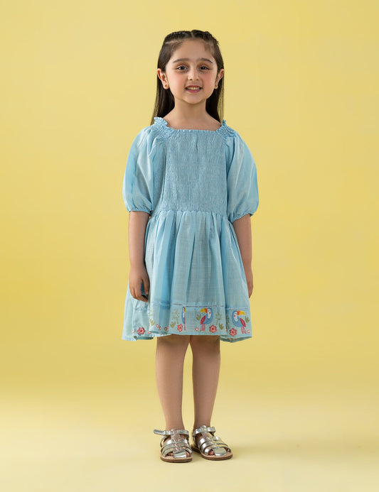 SMOCKED PUFF SLEEVE EMBROIDERED DRESS