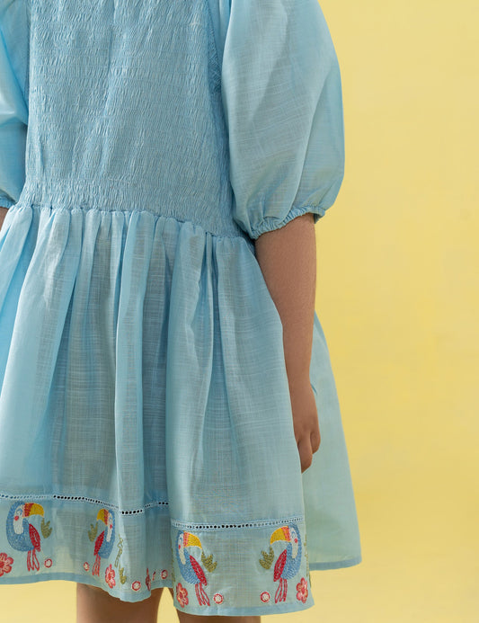 SMOCKED PUFF SLEEVE EMBROIDERED DRESS