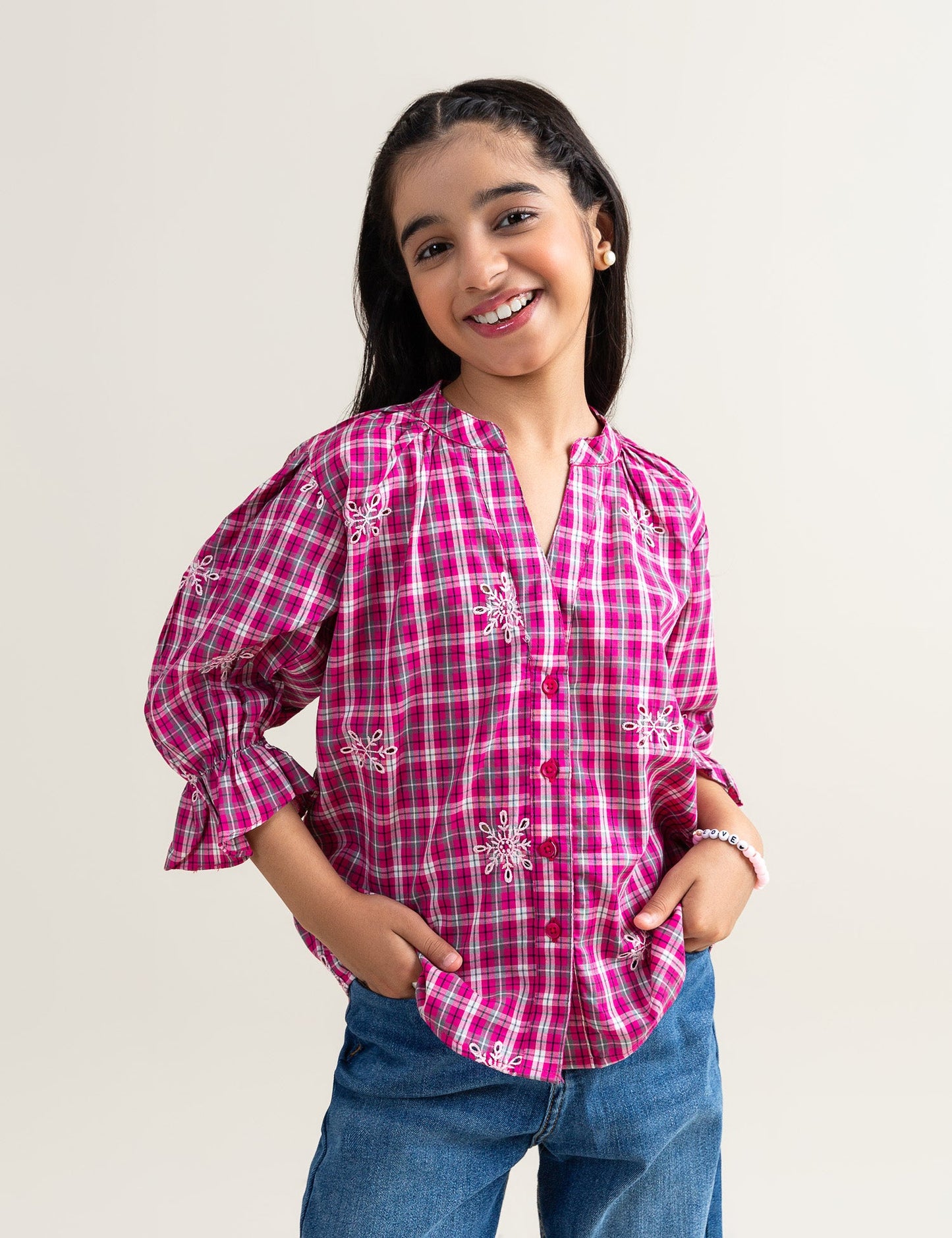 EMBROIDERED BUTTON DOWN CHECKERED TOP