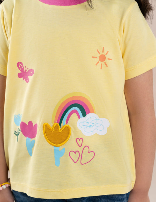 RAINBOW AND FLORAL PRINTED T-SHIRT