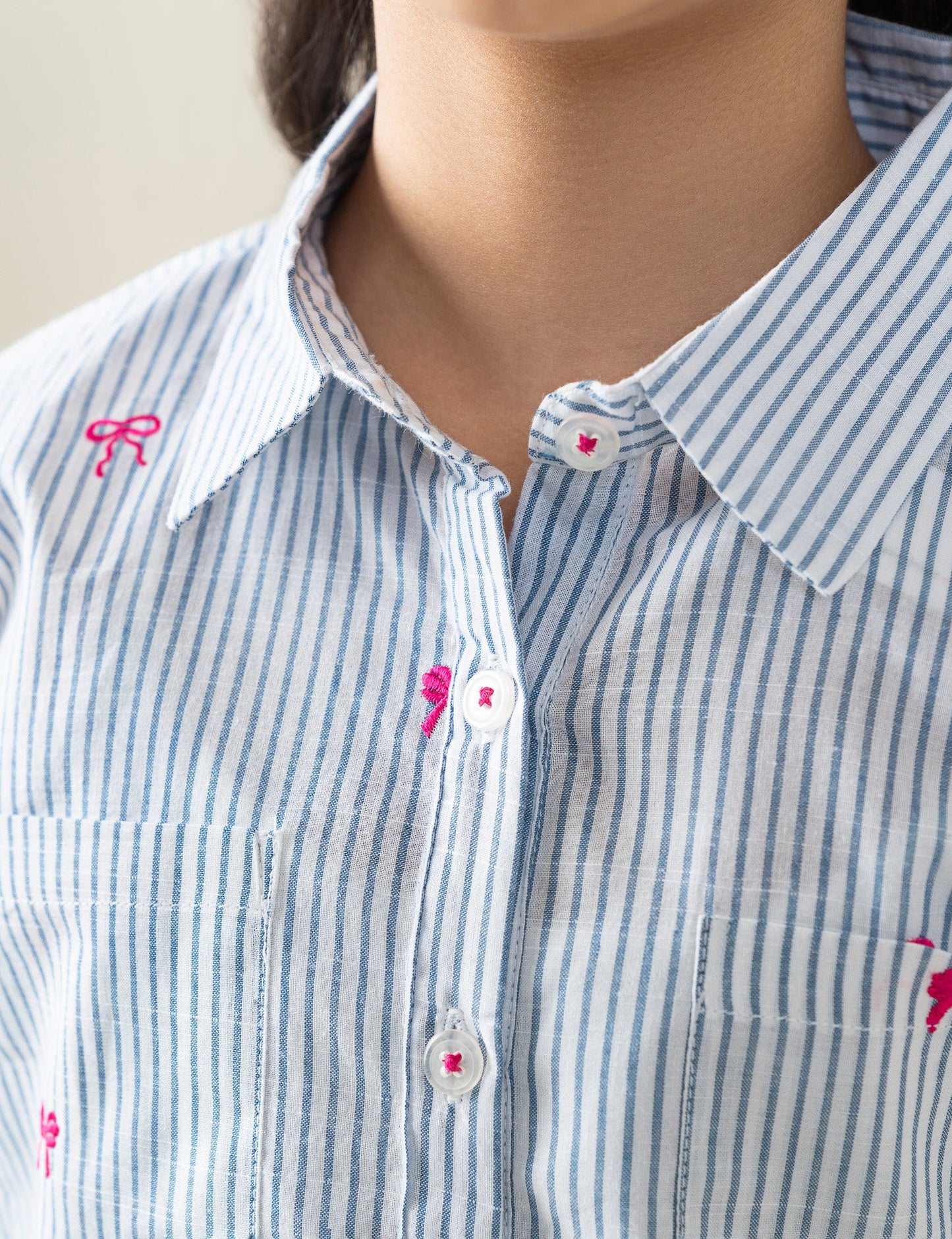 STRIPED EMBROIDERED BUTTON DOWN TOP