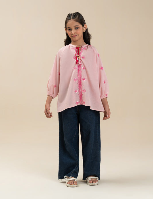 EMBROIDERED TIE-NECK TOP