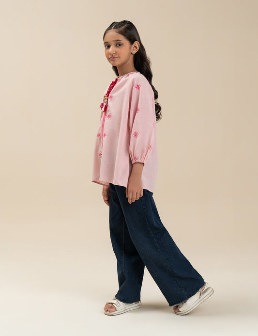 EMBROIDERED TIE-NECK TOP