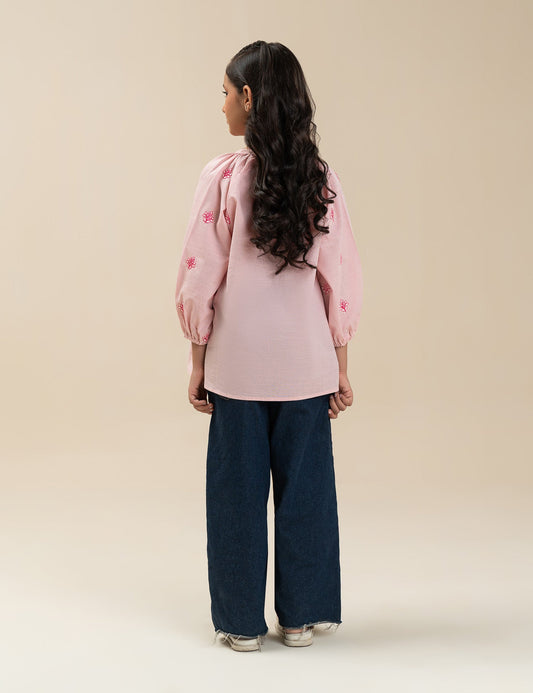 EMBROIDERED TIE-NECK TOP