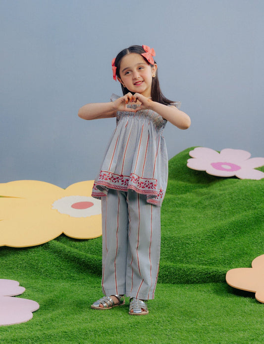 2 PIECE STRIPED EMBROIDERED SUIT