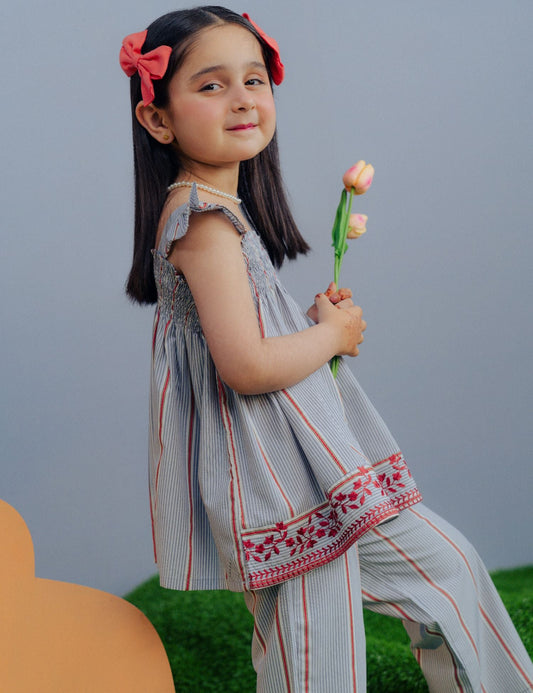 2 PIECE STRIPED EMBROIDERED SUIT