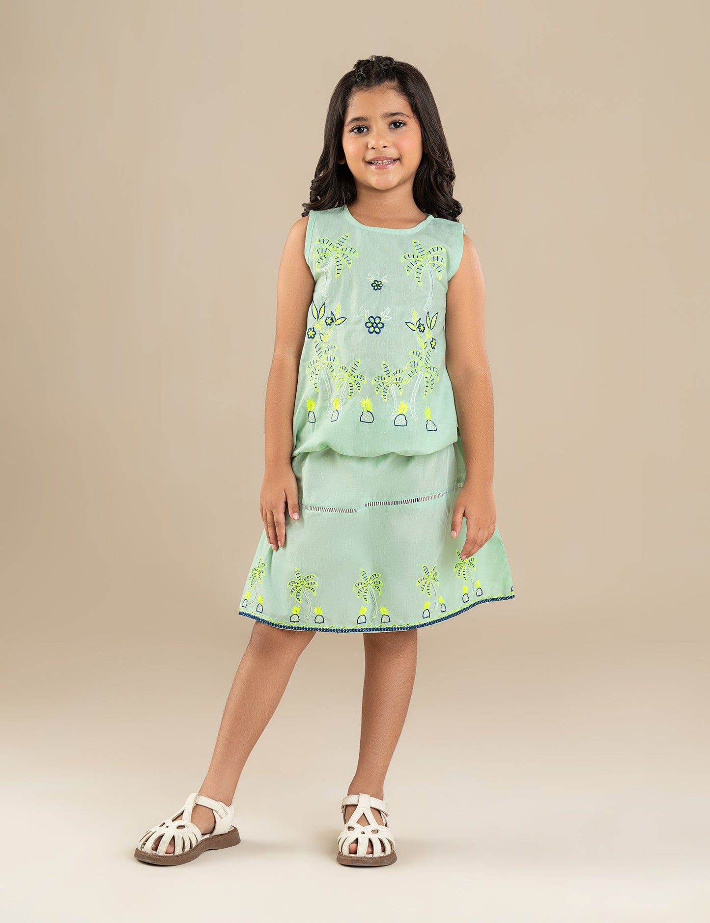 2 PIECE PALM TREE EMBROIDERED SUIT