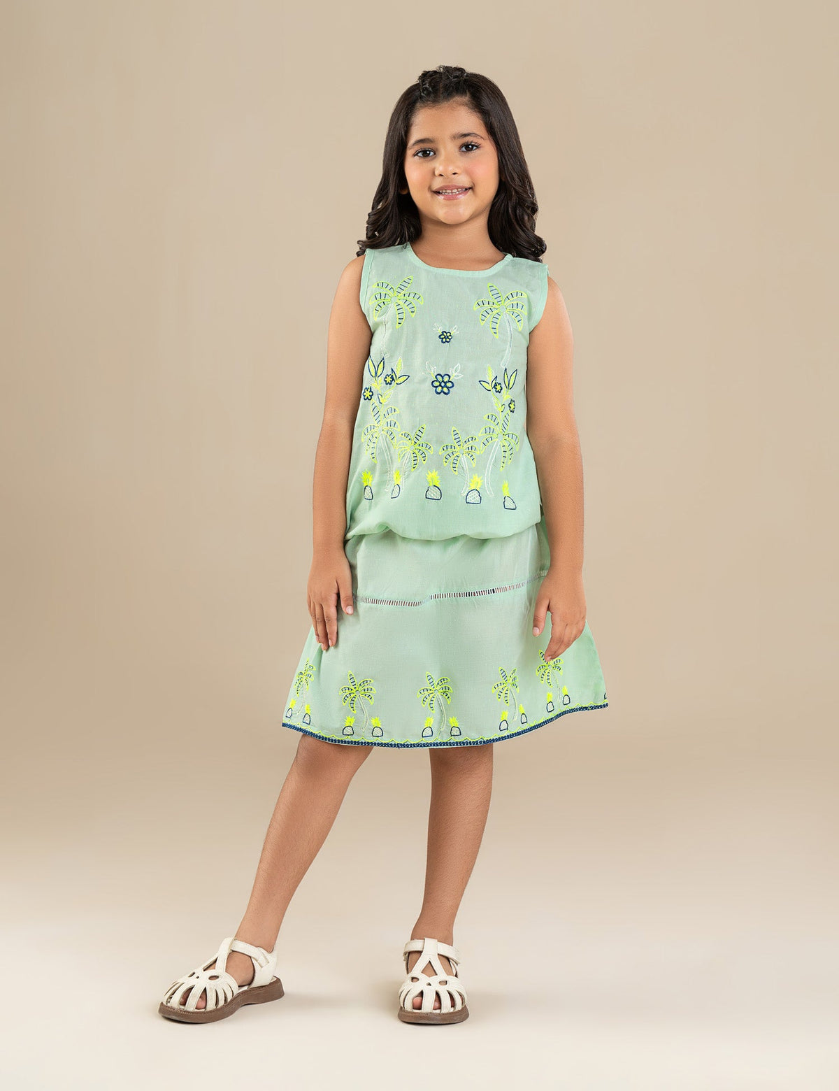 2 PIECE PALM TREE EMBROIDERED SUIT