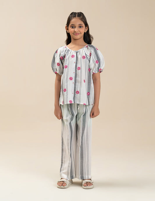2 PIECE STRIPED FLORAL EMBROIDERED SUIT