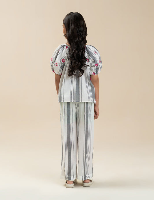 2 PIECE STRIPED FLORAL EMBROIDERED SUIT