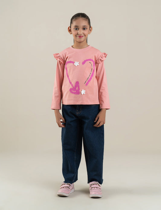 HEART AND FLOWER RUFFLE SLEEVE SWEATSHIRT