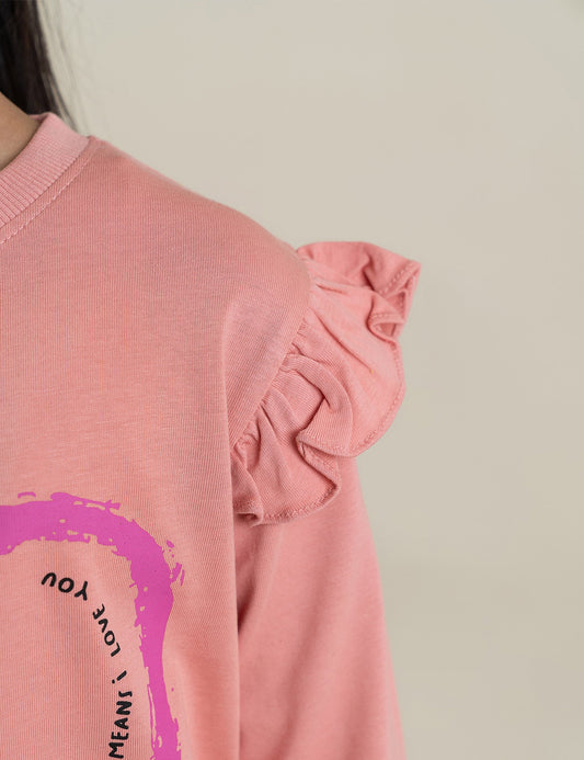 HEART AND FLOWER RUFFLE SLEEVE SWEATSHIRT