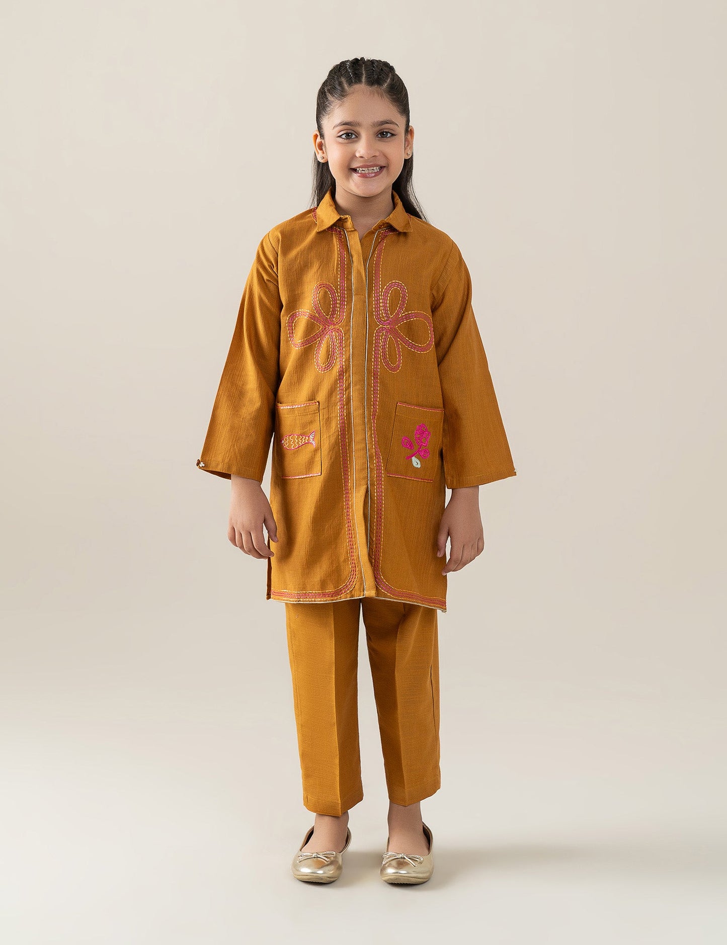 2 PIECE BUTTON DOWN EMBROIDERED SUIT